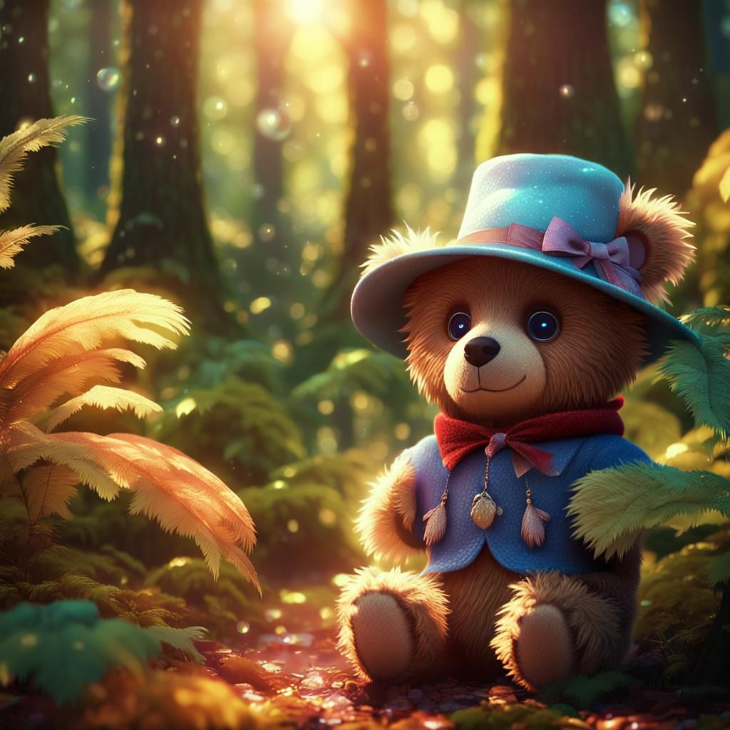 Disney-style 3D animation. Medium shot. Teddybear in a hat w...