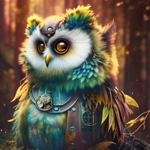 Steampunk Owl Bear Cub in Fantasy Forest