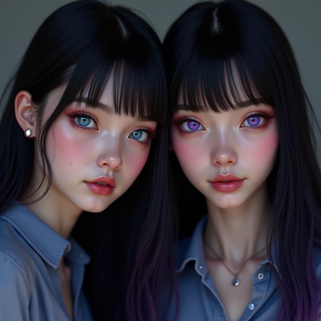 Twins Portrait with Contrasting Features in Art Nouveau Styl...