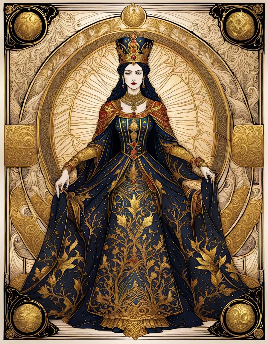 A beautiful rare unique tarot card with intricate gold etching of the empress