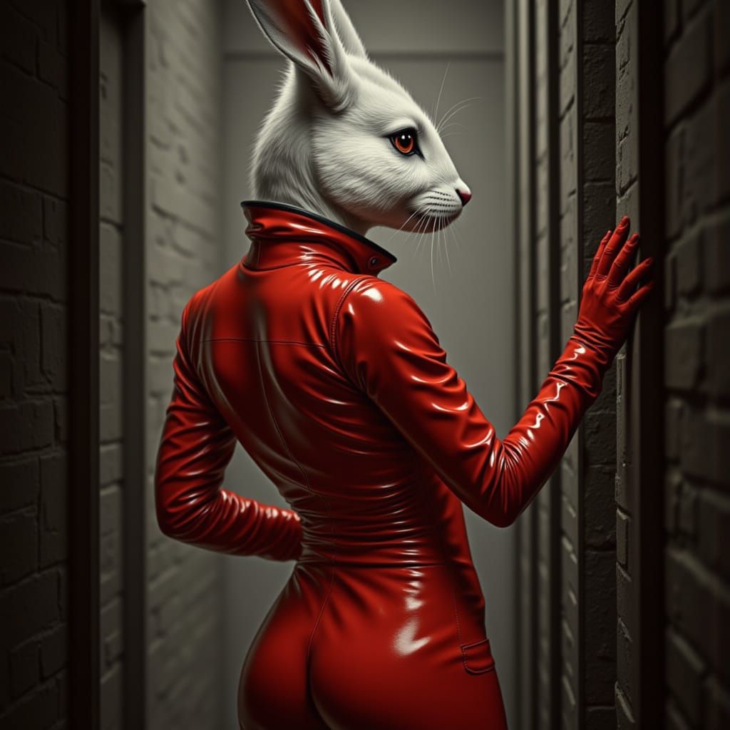 Anthropomorphic Bunny in Red Latex Grabs Jail Bars