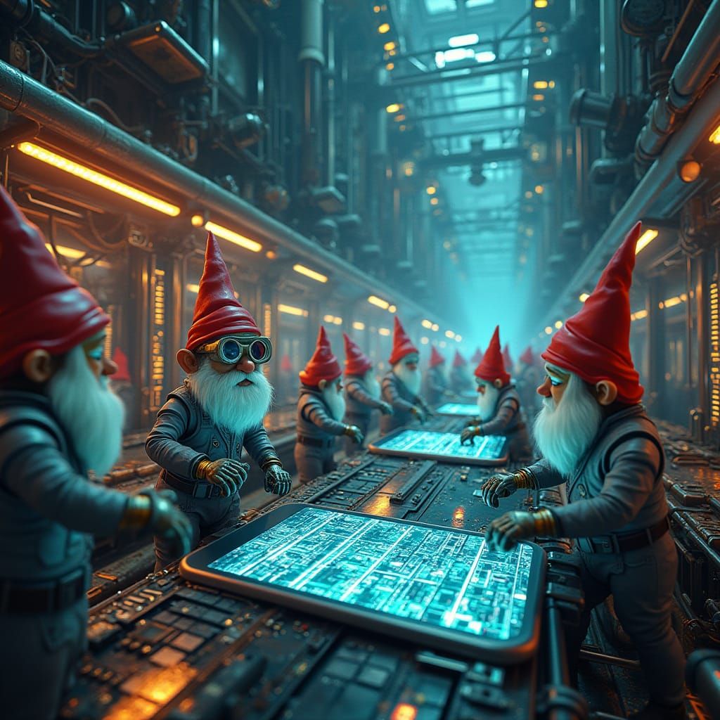 Futuristic Smartphone Factory with Gnomes in Cyberpunk Style
