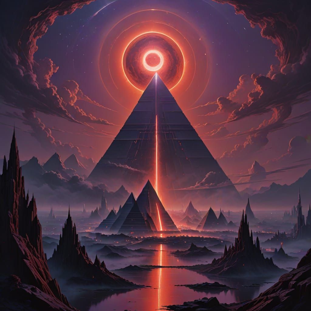 Cyberpunk Celestial Pyramid During Rare Red Eclipse