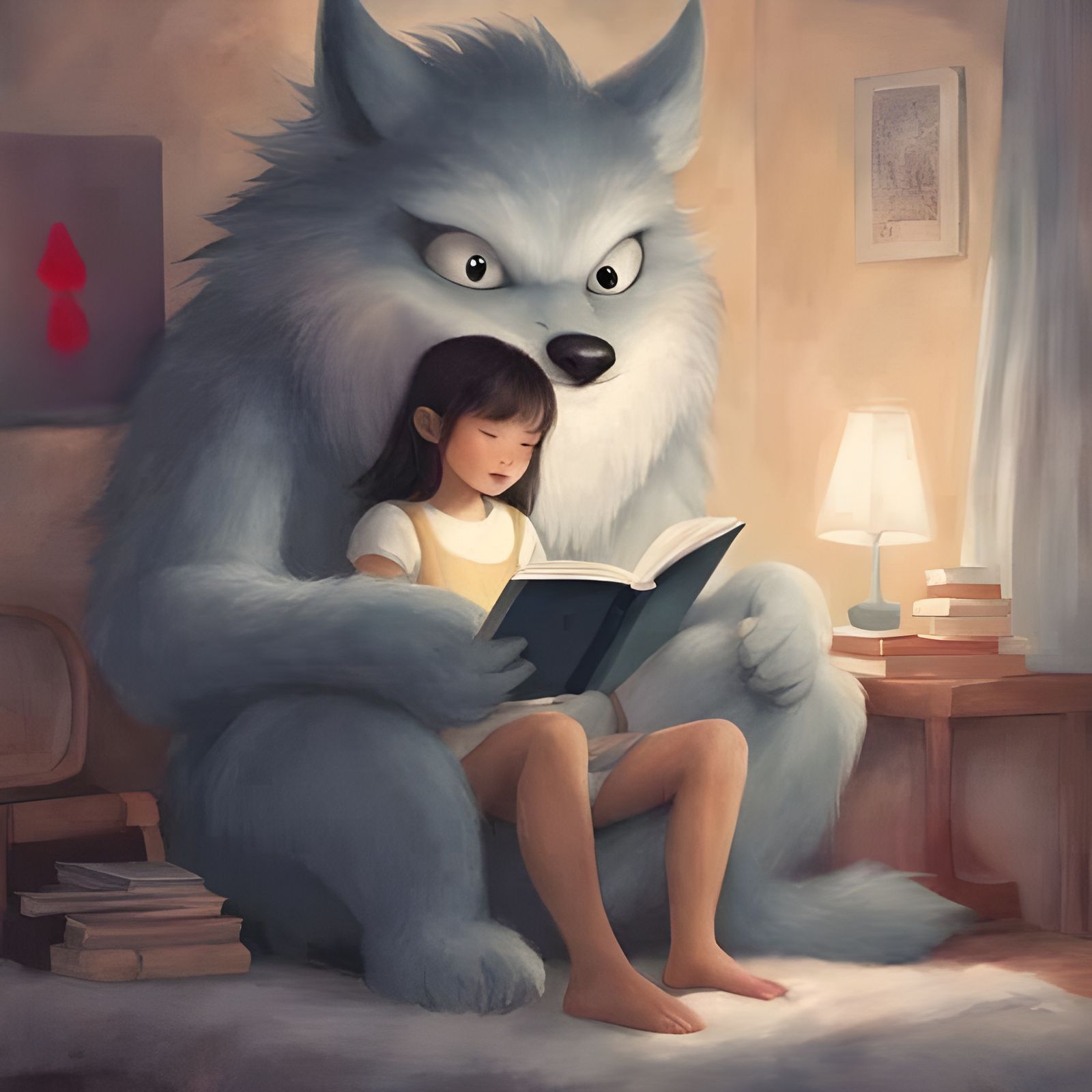 Adorable Monster Smiles Over Girl Reading, Illustrated Style