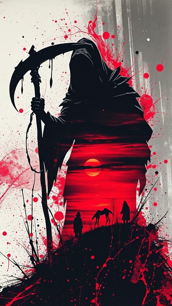 Grim Reaper Silhouette in Splatter Art Style