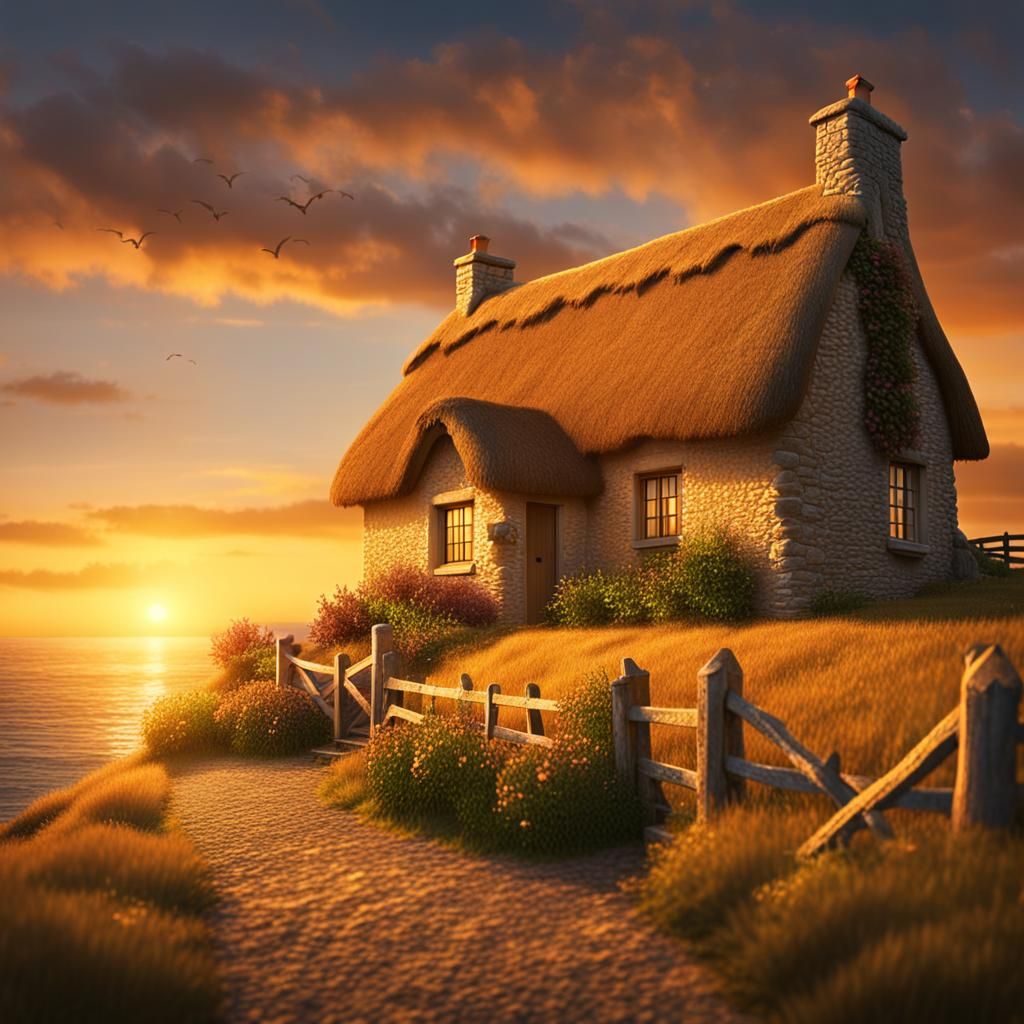 Golden Sunset Over Irish Thatch Cottage