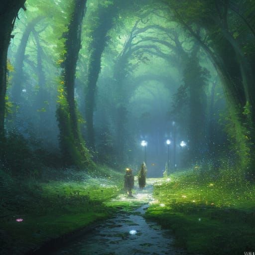 Impressionistic Forest Tunnel with Fireflies