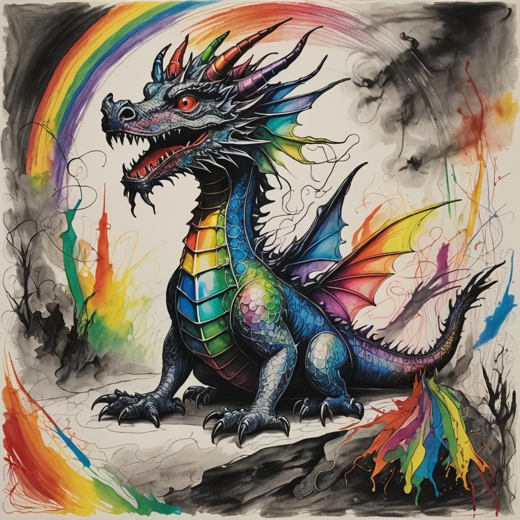 Surreal Dragon Crayon Drawing with Rainbow Fairy