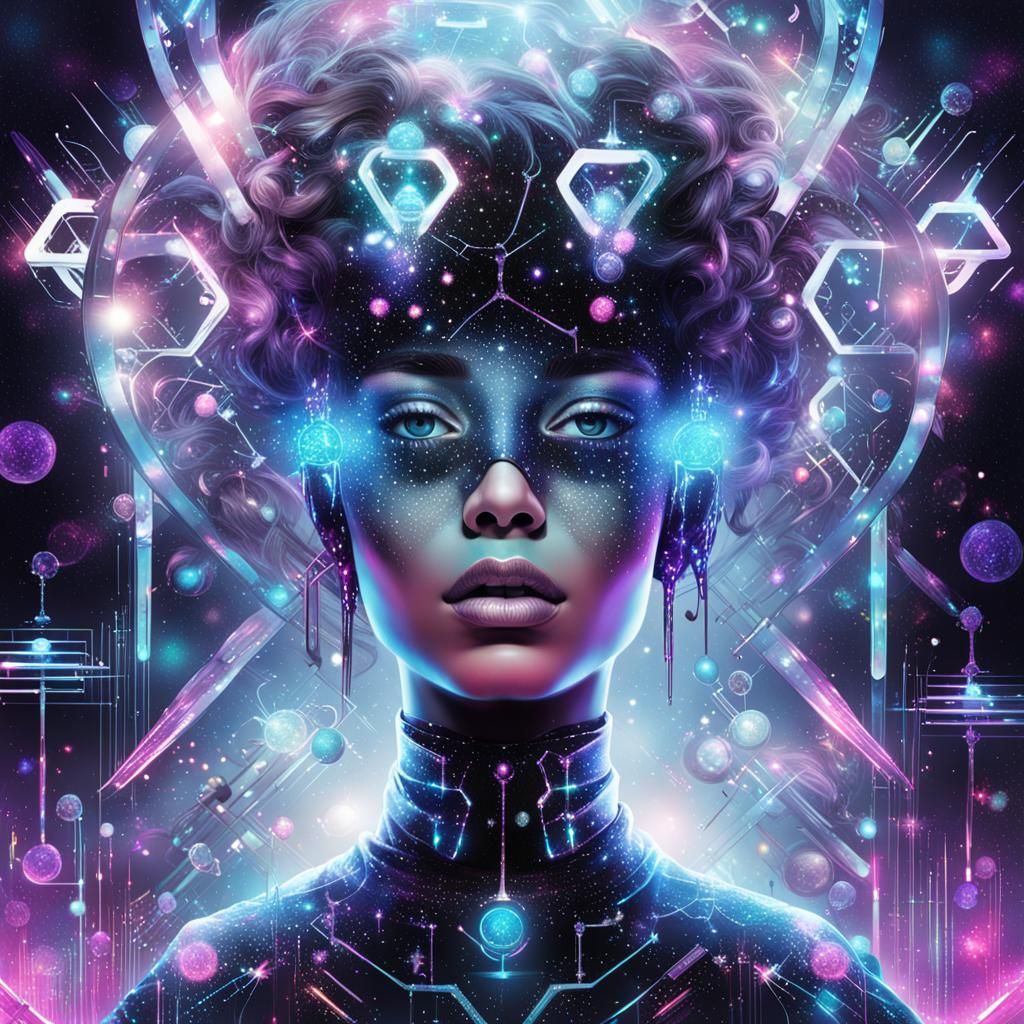 Futuristic Priestess Playing with DNA: Maximalist Illustrati...