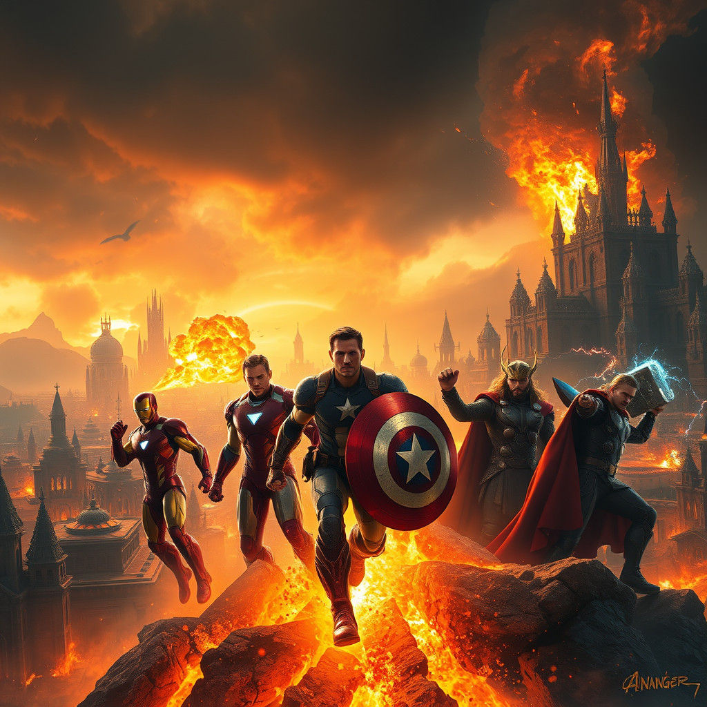Avengers Team in Blazing Inferno, Fantasy Concept Art
