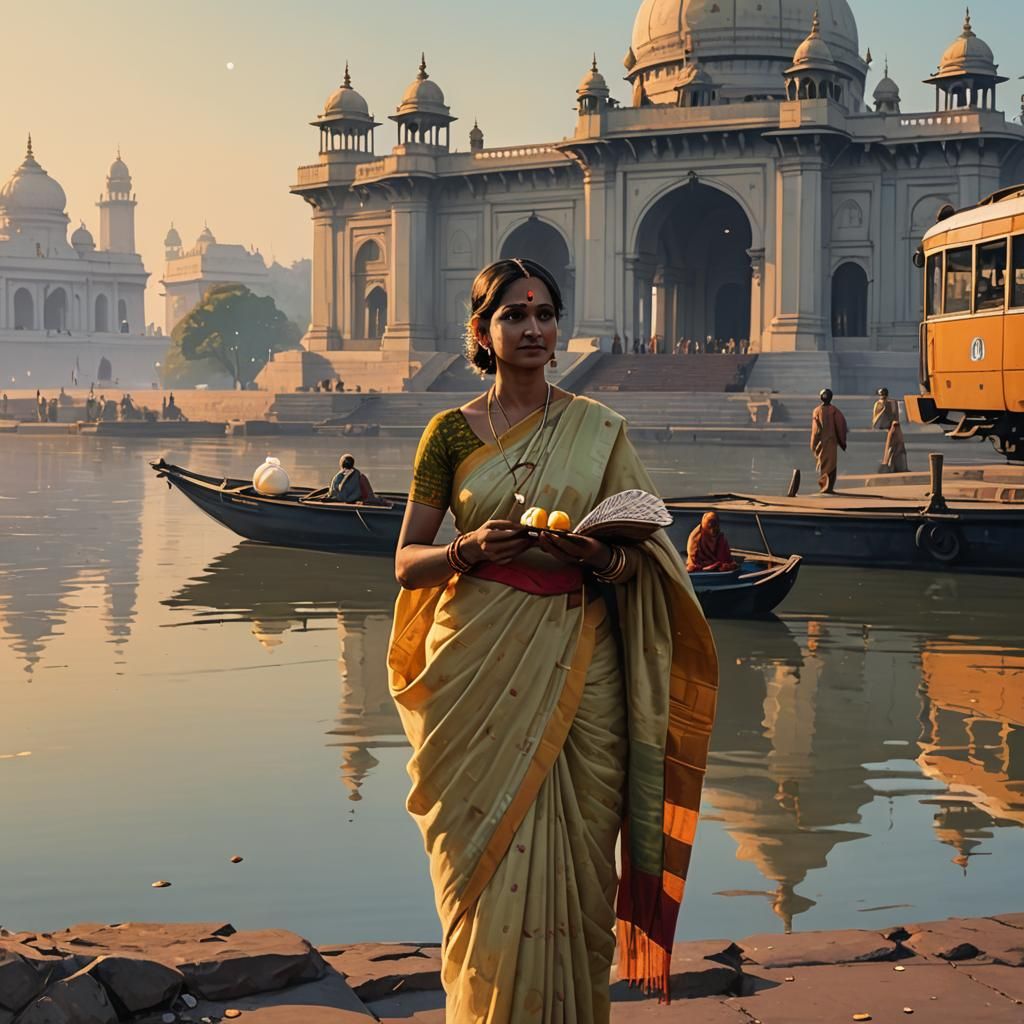 Woman with Rosogolla on Ganga Ghat as Matte Painting