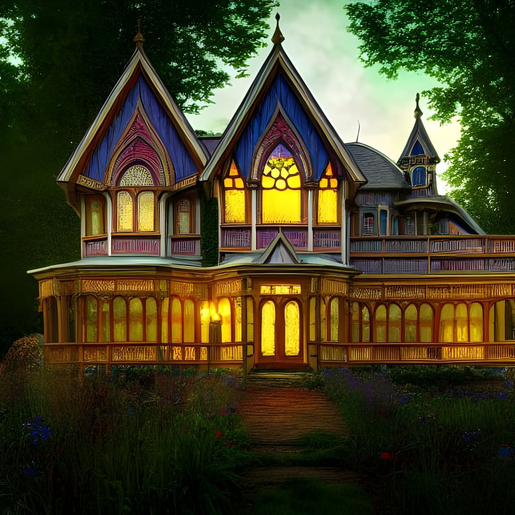 Enchanted Stained Glass Victorian House in Surreal Style