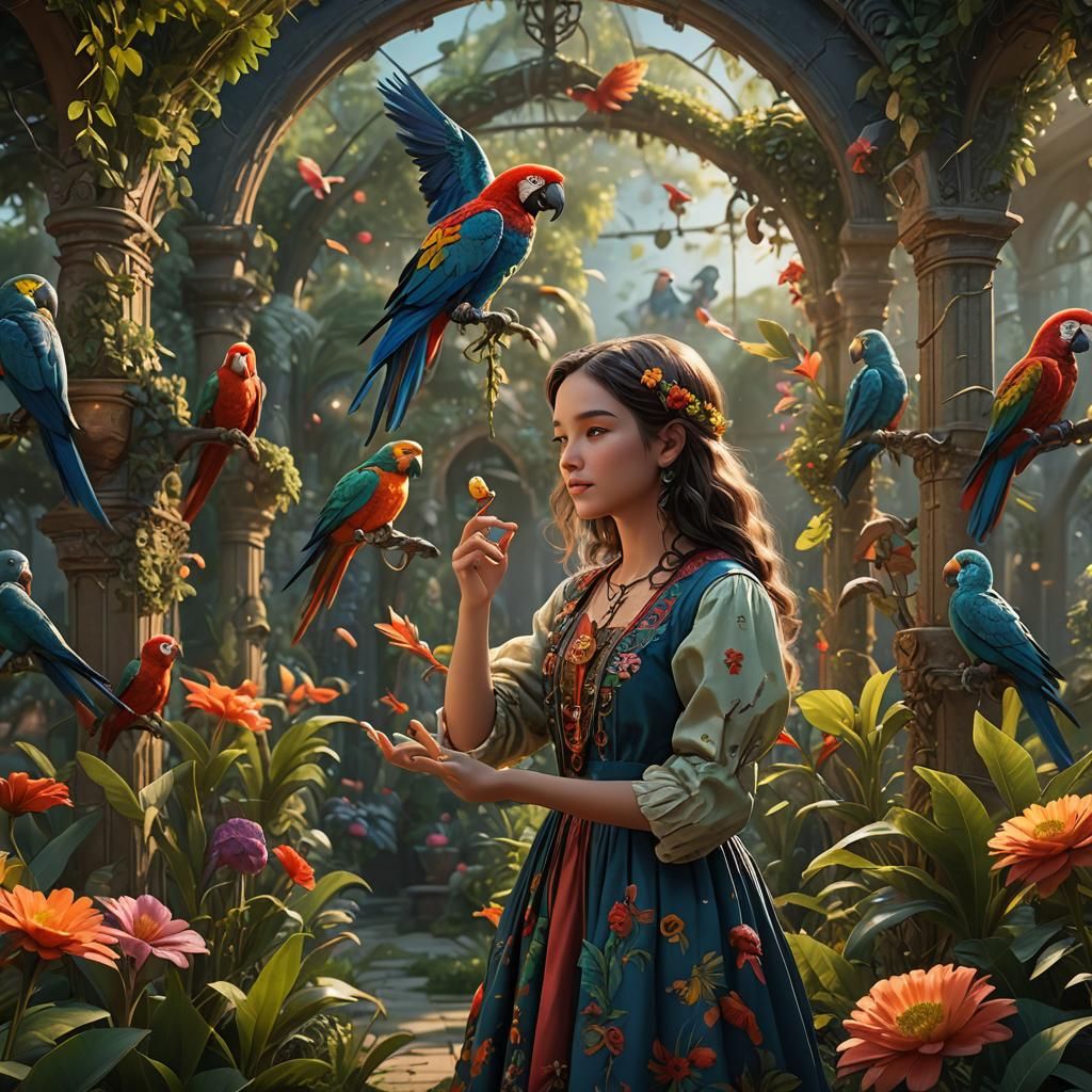 Girl and Parrot in Sunlit Garden: Fantasy Art