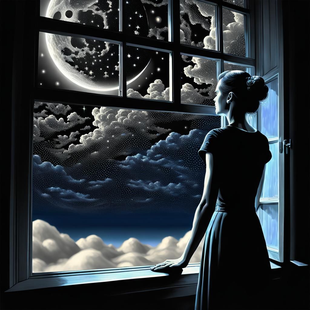 Woman Gazing at Starry Night with Clouds