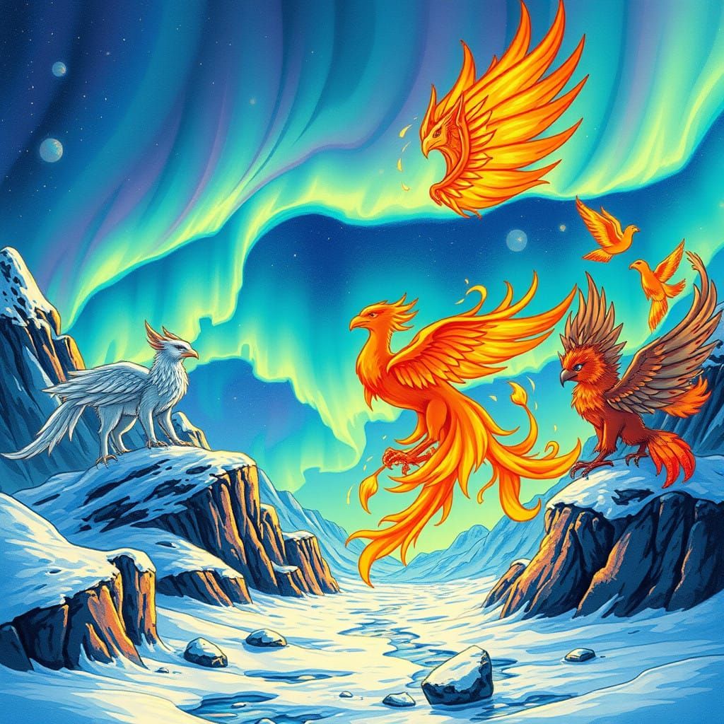 Surreal Anime-Inspired Scene of Fire and Ice Phoenixes Amids...