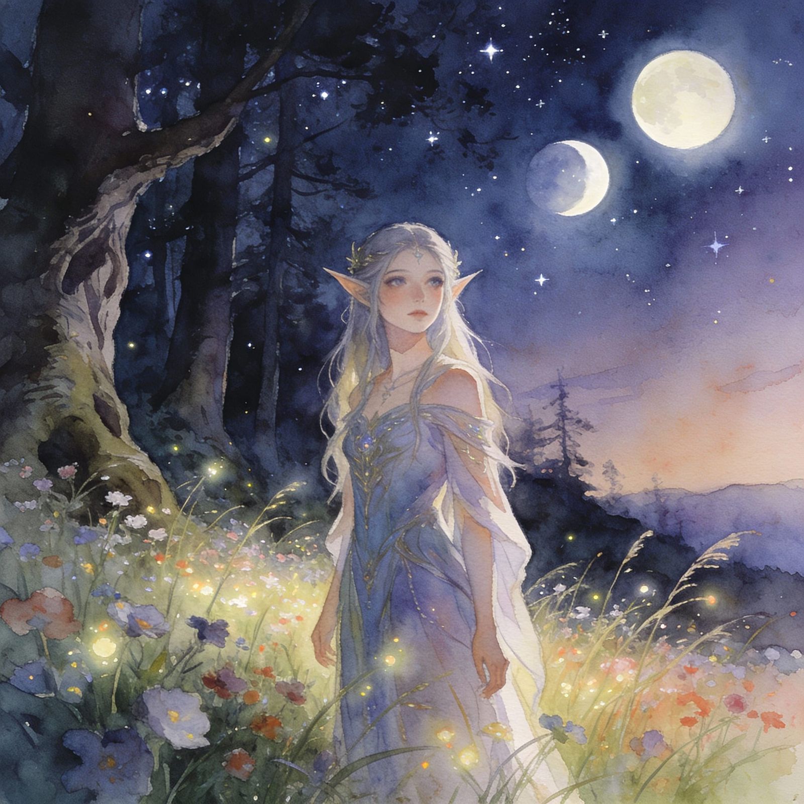 Magical Elven Princess in Twilight Meadow: Watercolour & Acr...