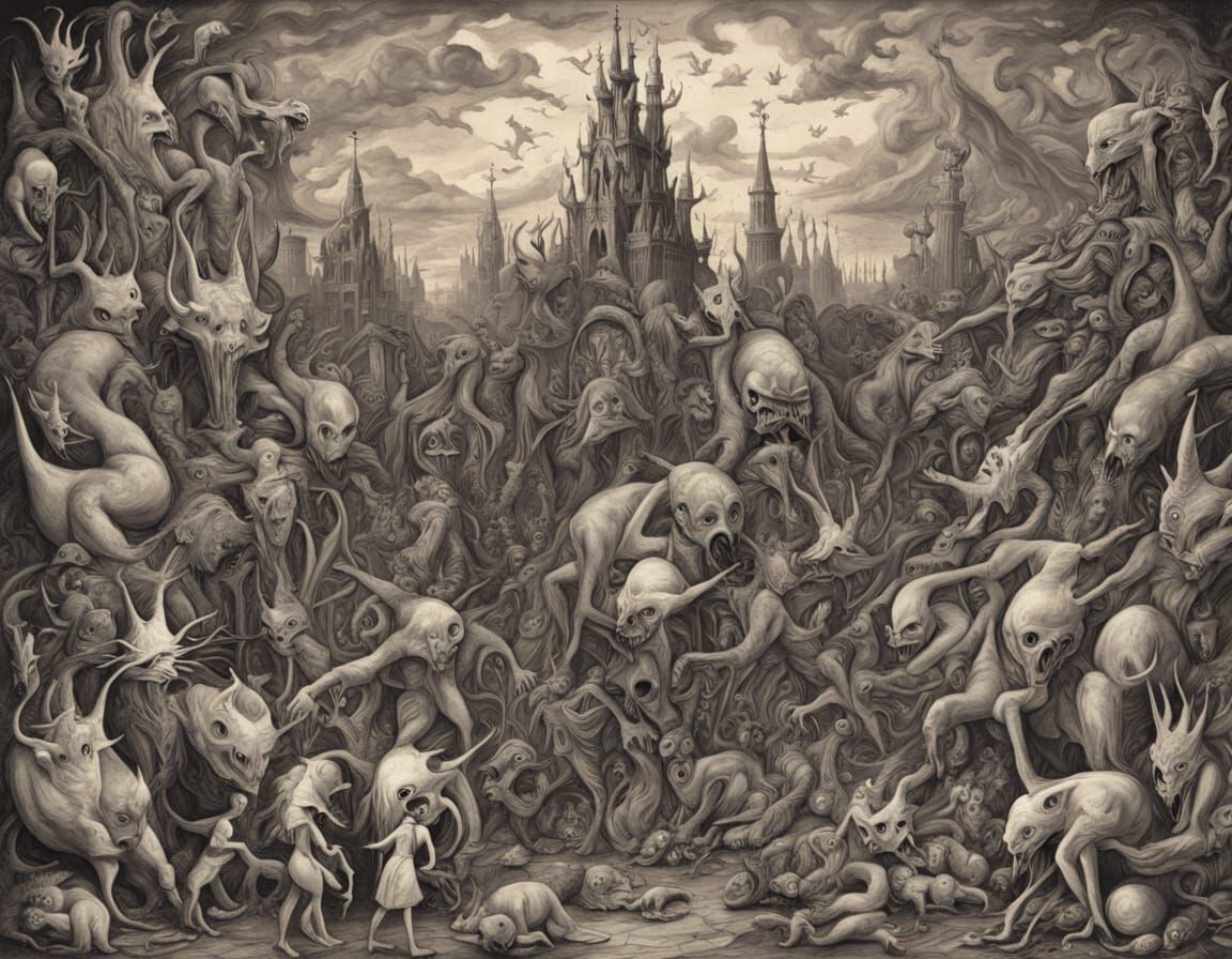 Surreal Chessboard Battle in Style of Hieronymus Bosch