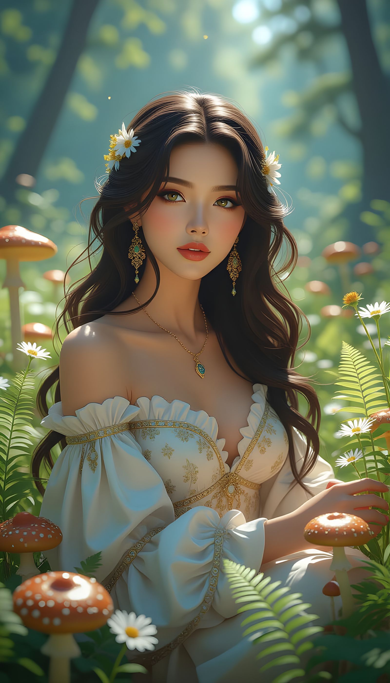 Feminine Goddess Portrait with Wildflowers and Forest Elemen...