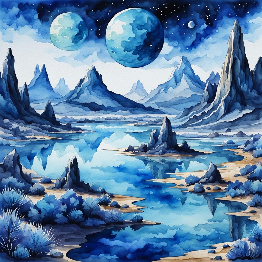 Blue Alien World in Watercolor Style