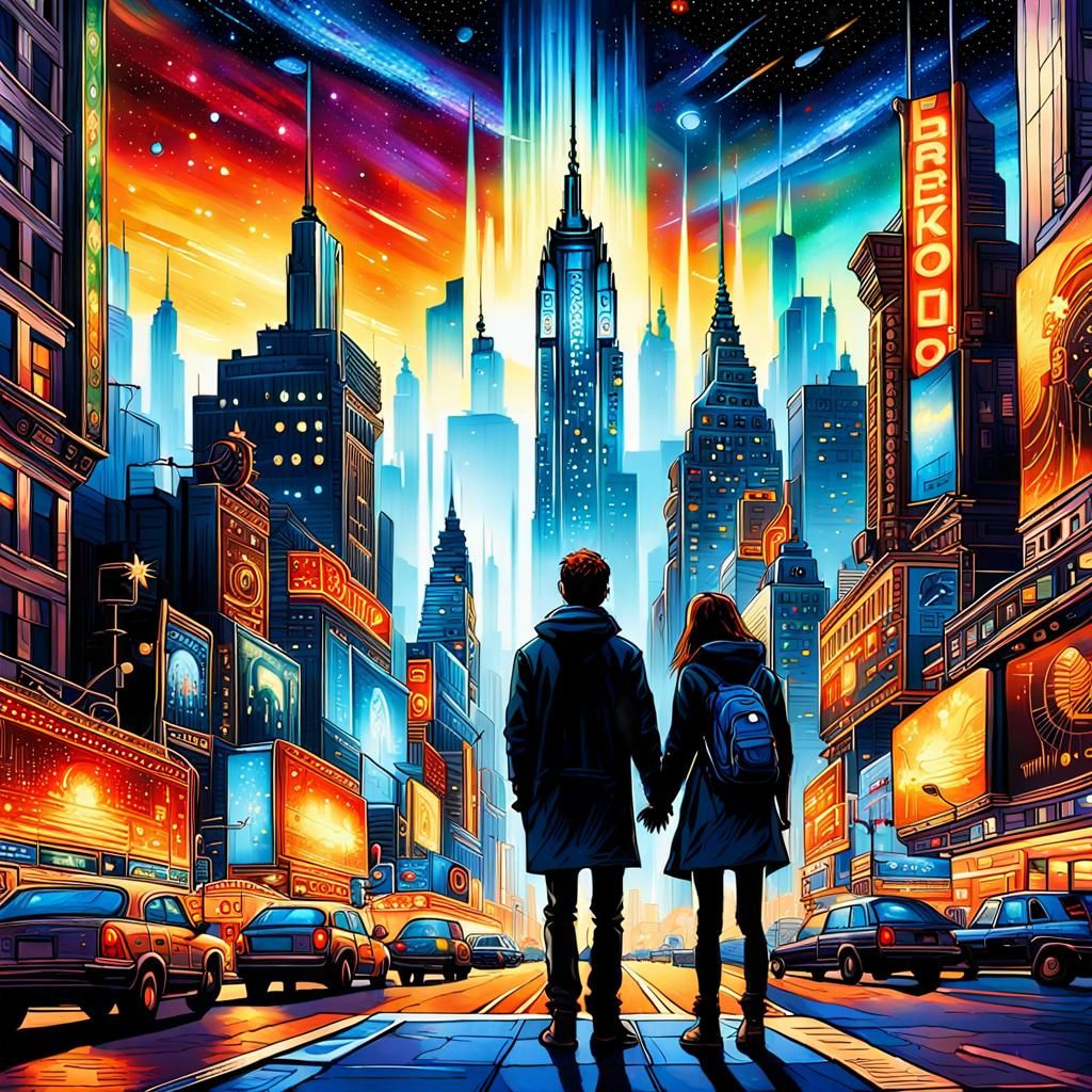 Broadway Lights Dazzle Lovers in Sci-Fi Cityscape