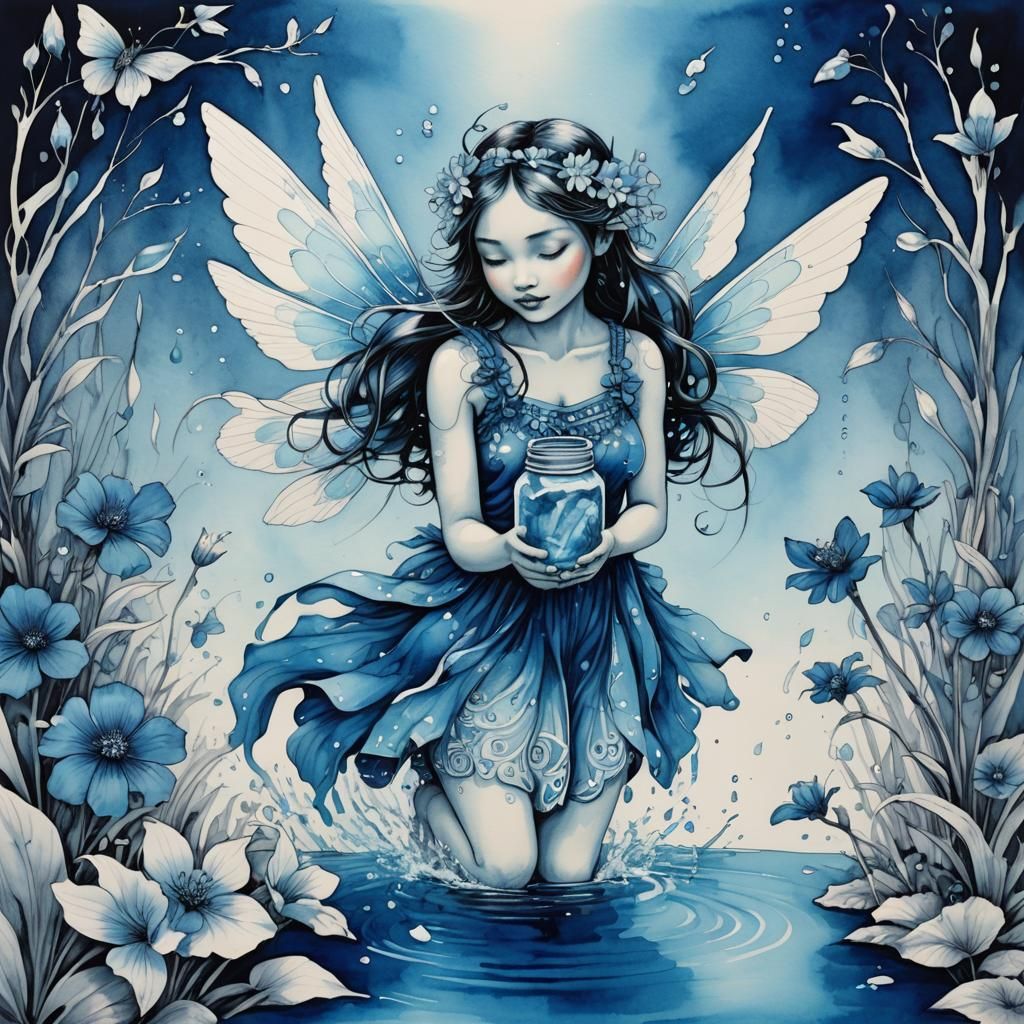 Blue Fairy Collecting Water: Monochrome Illustration