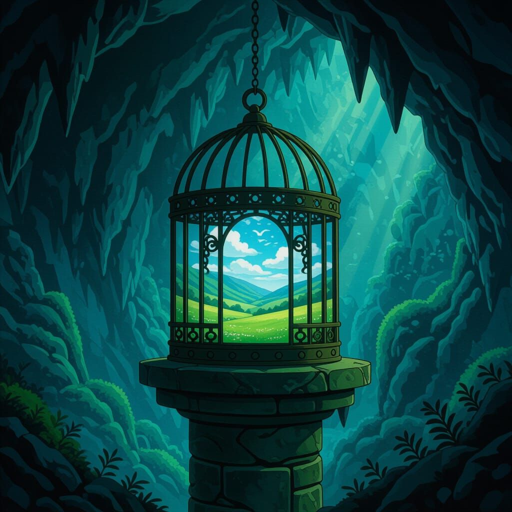 Birdcage Portal to Spring Landscape in Forbidden Cave