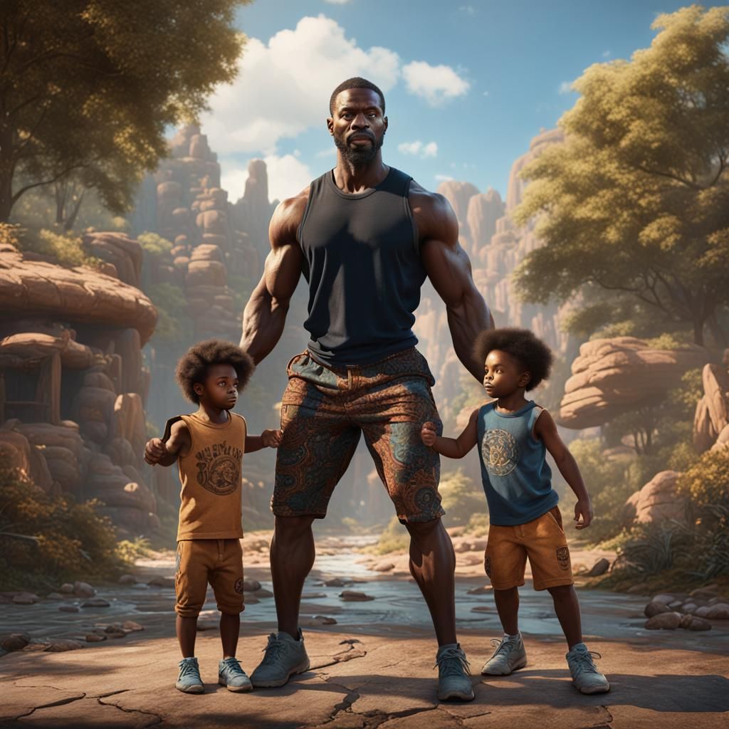 Detailed Matte Painting: Black Man Lifts Two Kids