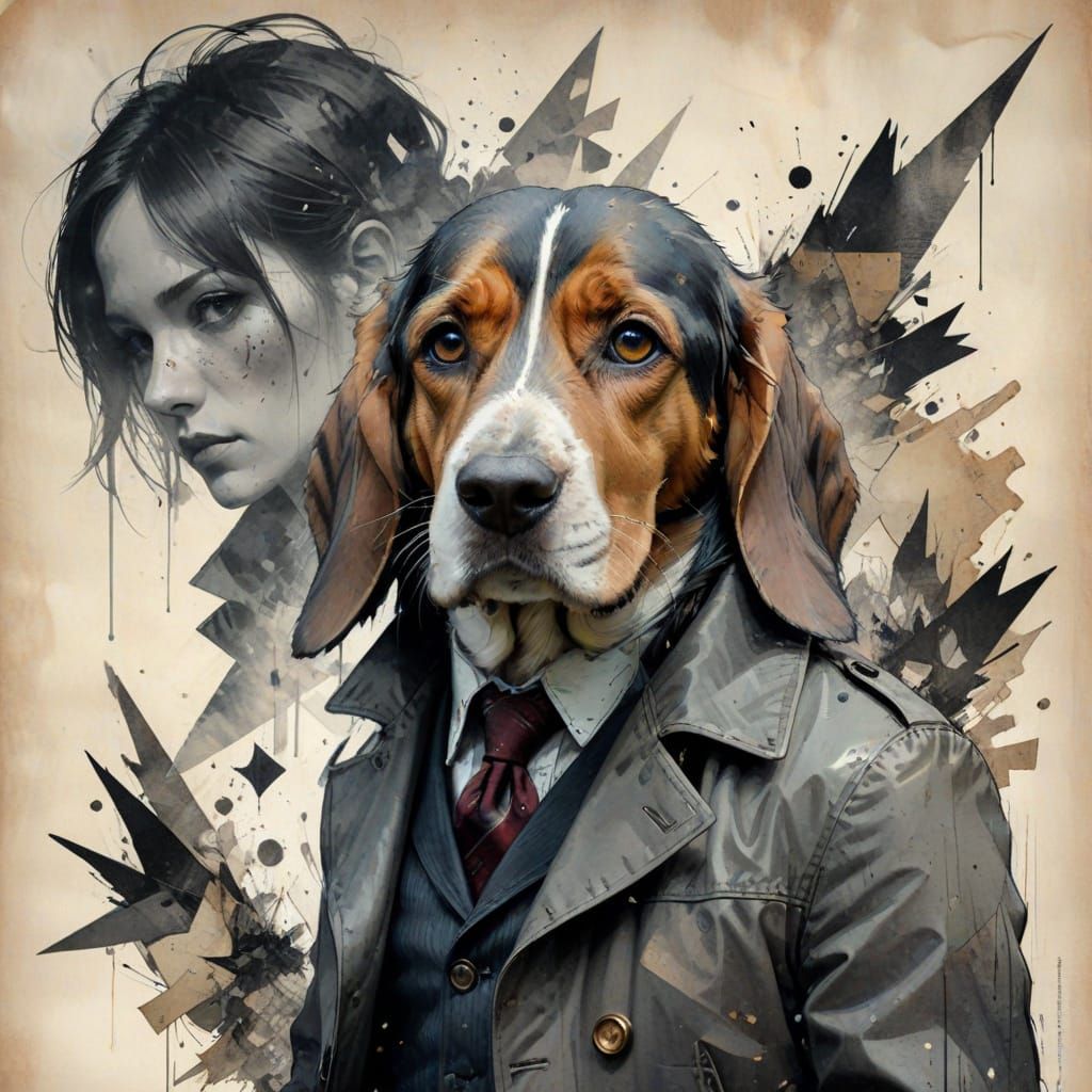Basset Hound Detective in Trench Coat on Parchment