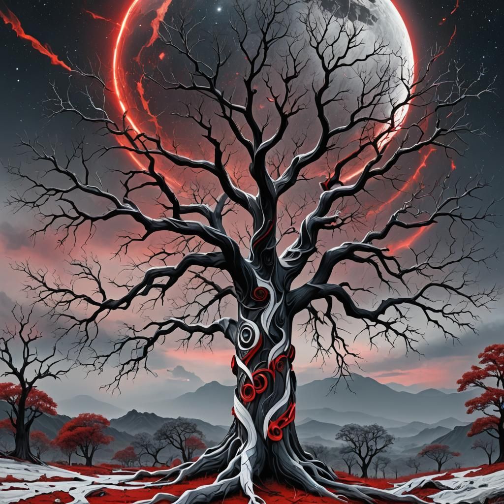 Red Eclipse over Ribbon-Wrapped Tree: Astral Illustration