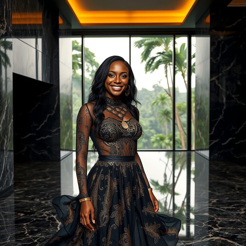 Beautiful Woman in Futuristic Hotel Overlooking Amazon Rainf...