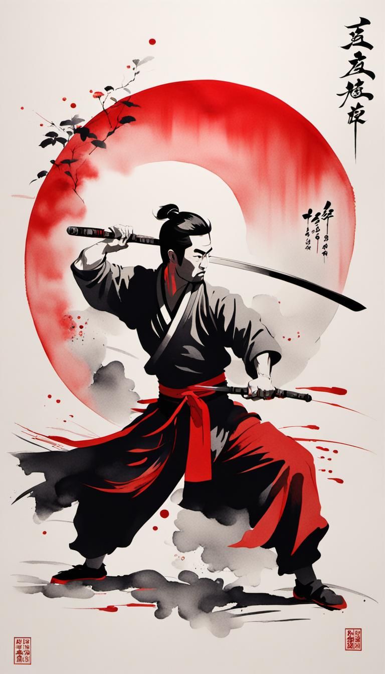 Minimalist Chinese Ink Painting of Swordsman