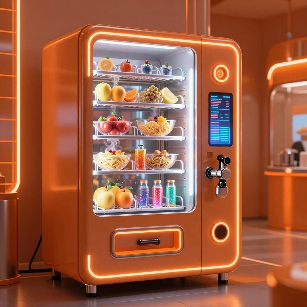Retro-Futuristic Vending Machine in Orange Glow