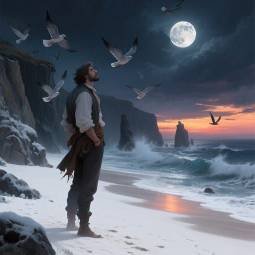 Dreamy Bohemian Man Gazes at Dark Sky on Rocky Cliff Beach