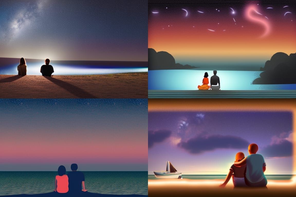 Couple Gazing at Stars on Beach in Photorealism