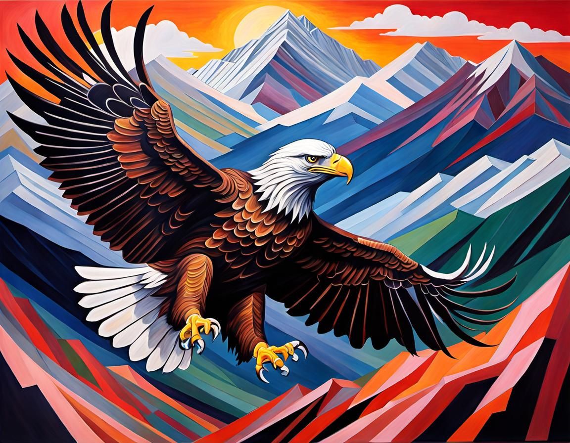 Eagle Soaring Over Mountains: Abstract Acrylic Painting
