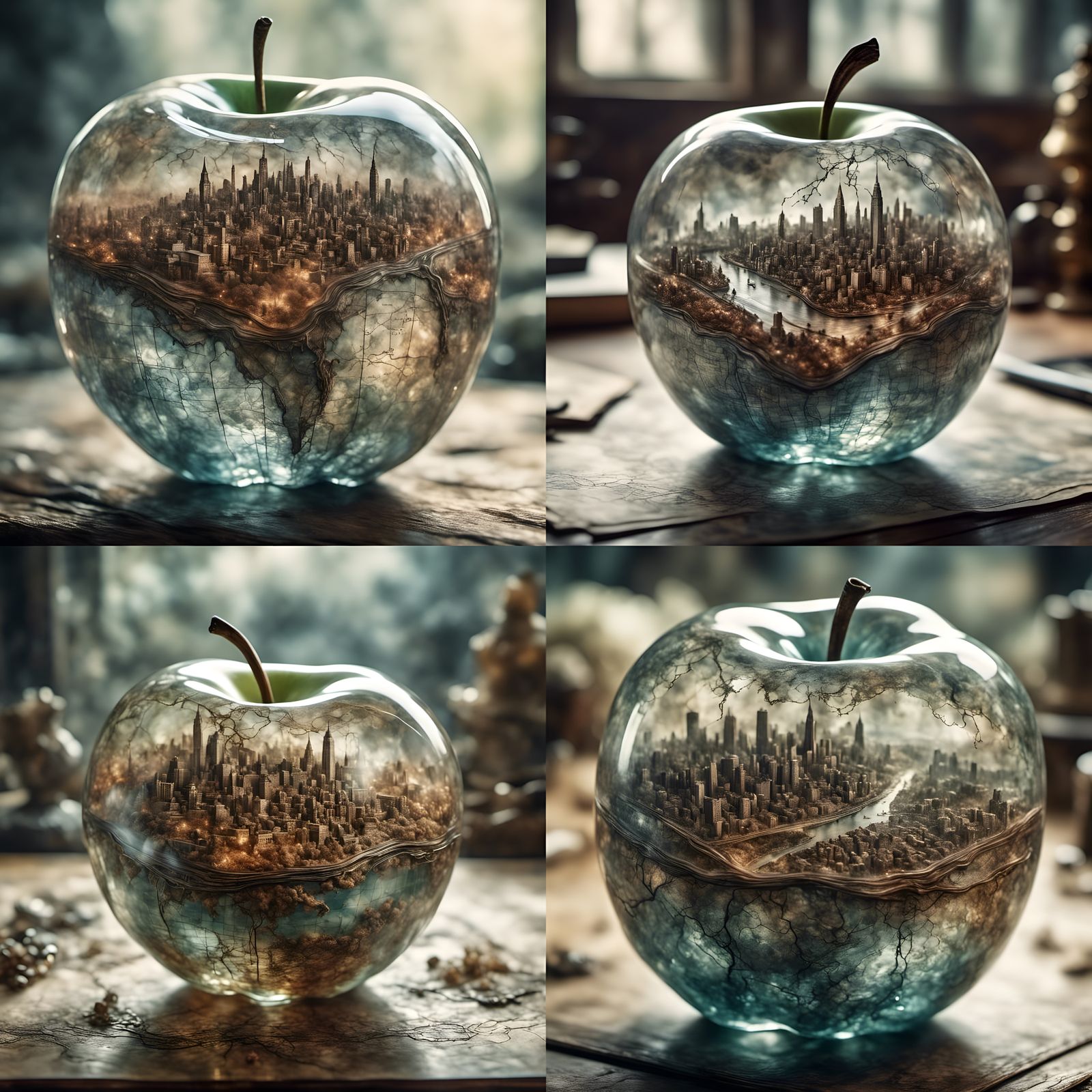 Glass Apple Map Etchings in Double Exposure