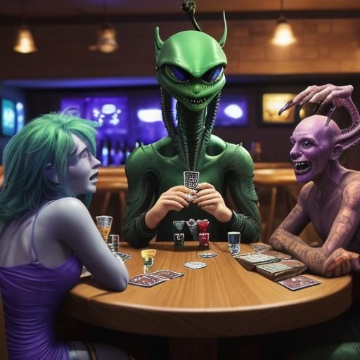 Aliens Playing Cards in Bar: Digital Art