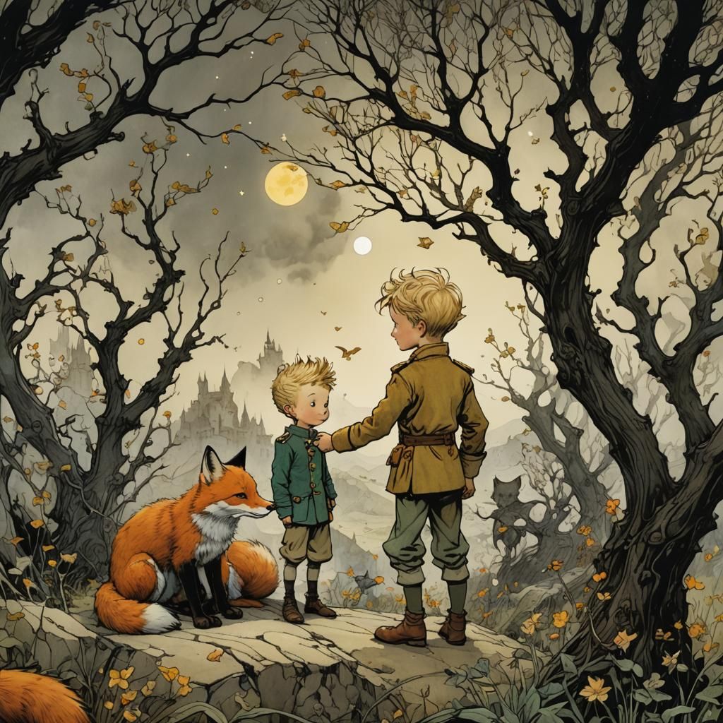 Little Prince Befriends Fox in Classic Illustration Style
