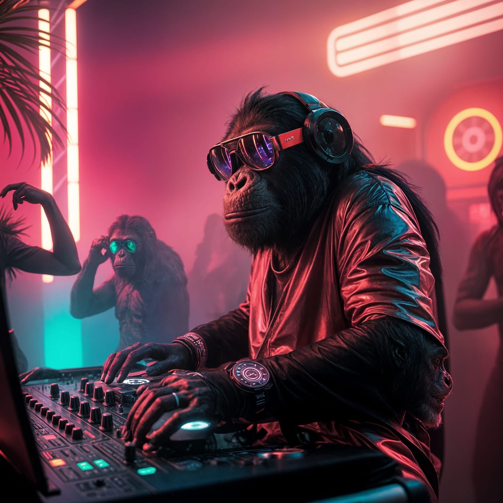 Chimpanzee DJ in Jungle Nightclub with Dancing Gorillas