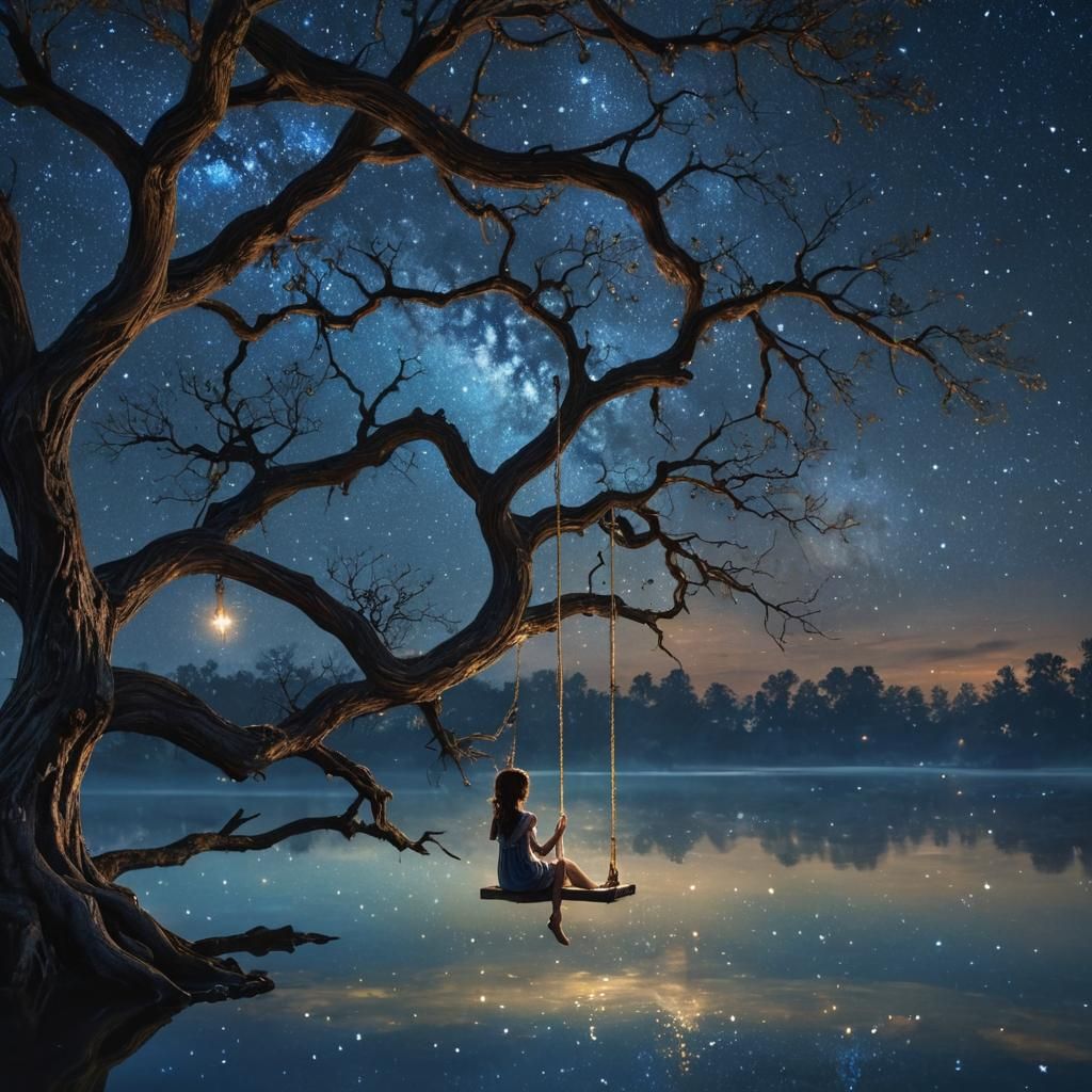 Child on Swing Under Starry Sky: Fantasy Art