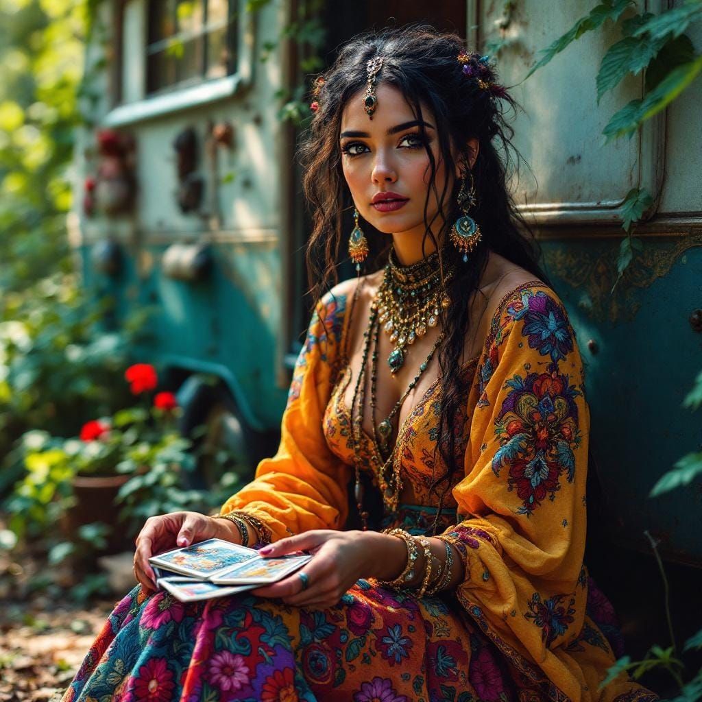 Mysterious Gypsy Fortune Teller with Tarot Cards