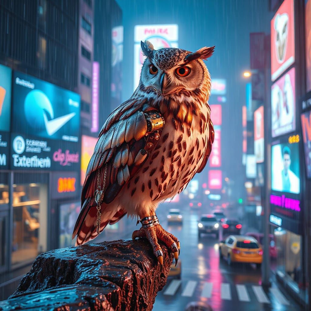 Biomechanical Owl in Neon Metropolis, Inspired by Syd Mead
