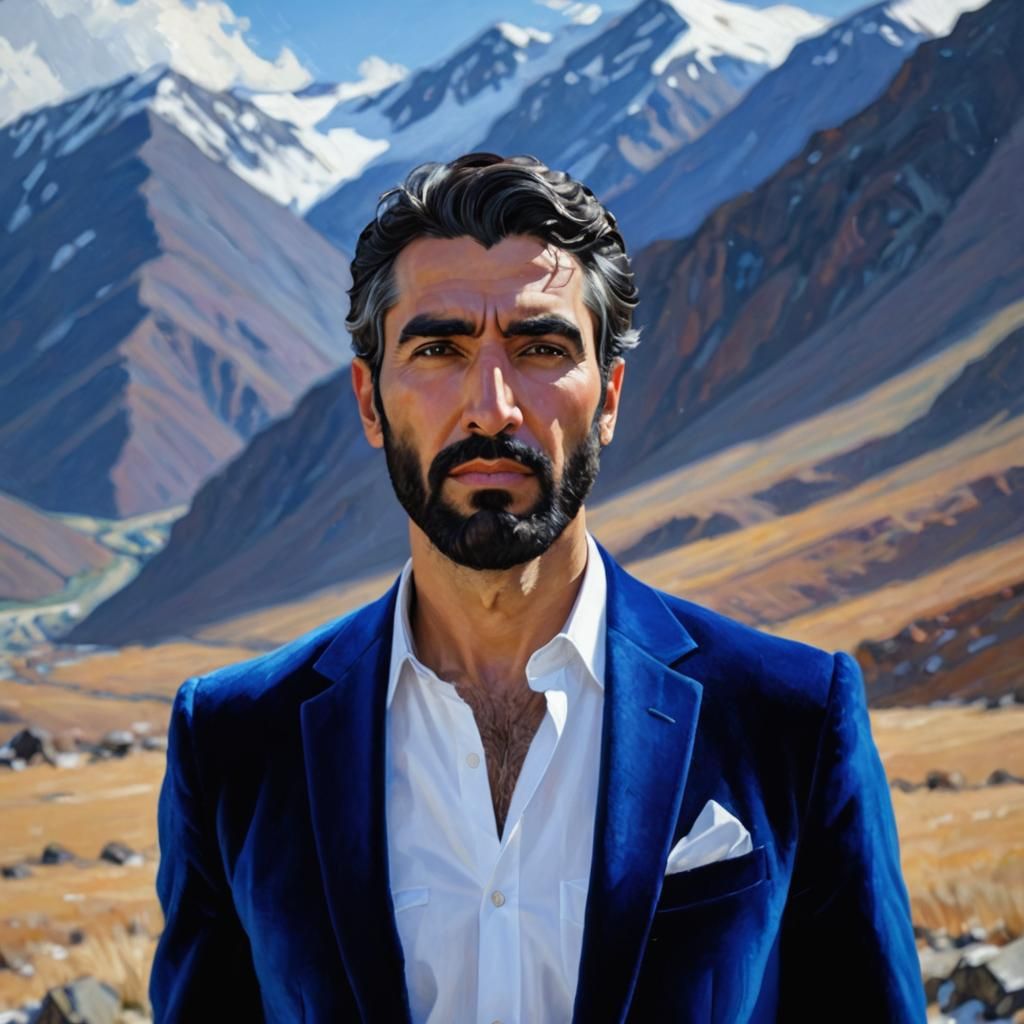 Arab Man in Blue Velvet Suit: Expressionist Oil Painting