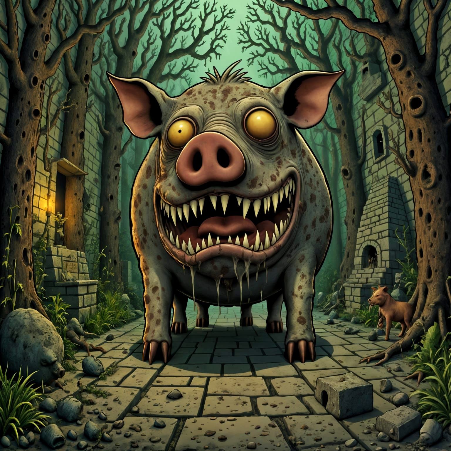 Ancient Pig God Exhibit in Futuristic Museum