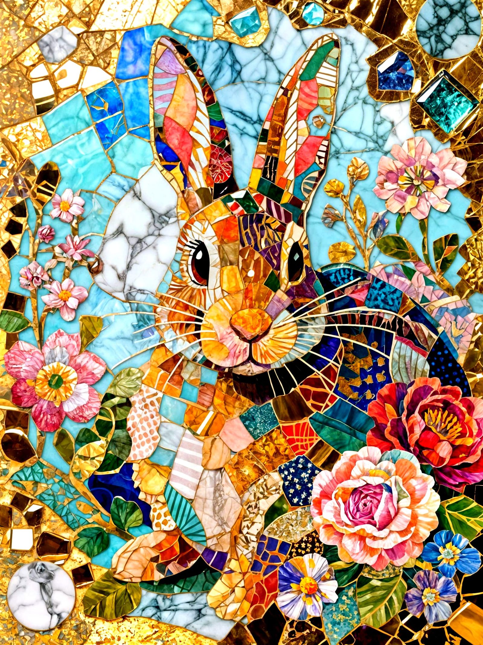 Vivid Rabbit Collage in Watercolor and Fabric Scraps