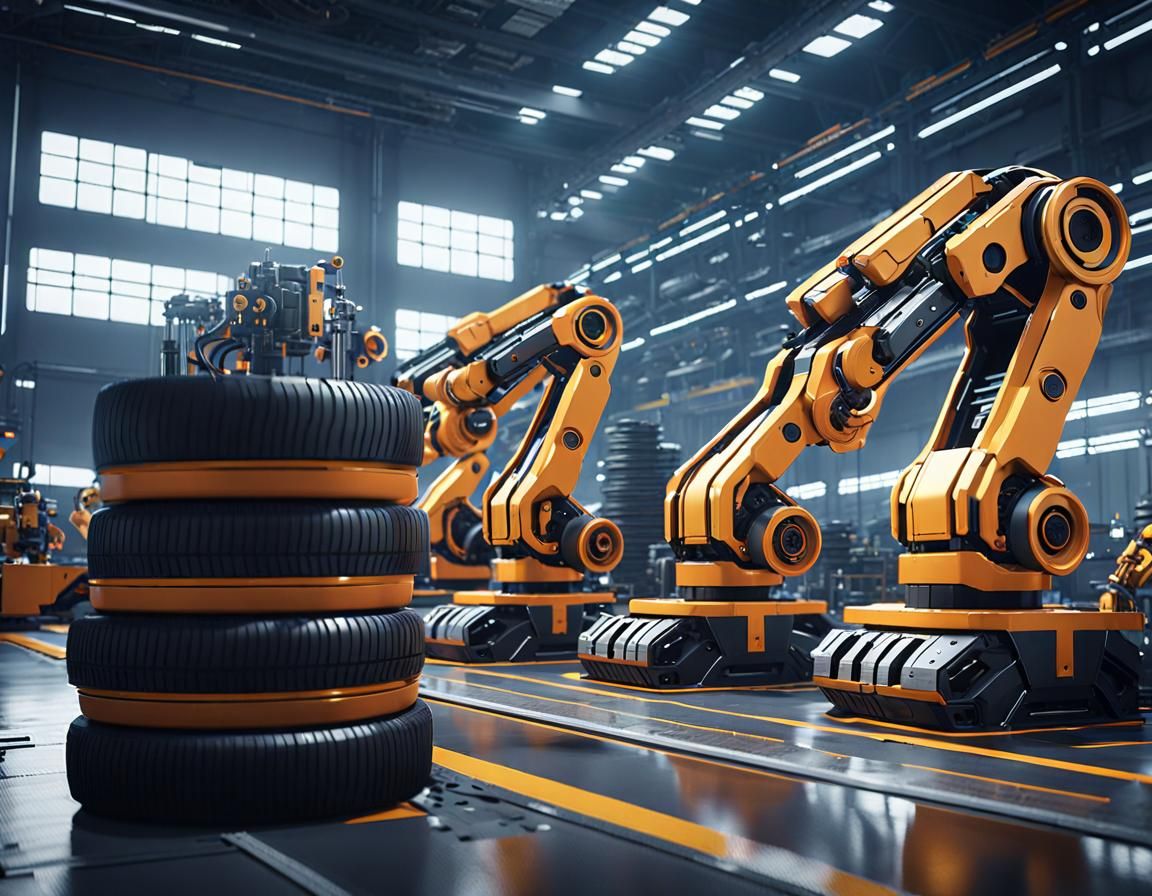 Futuristic Tire Factory with Robotic Arms in 8K