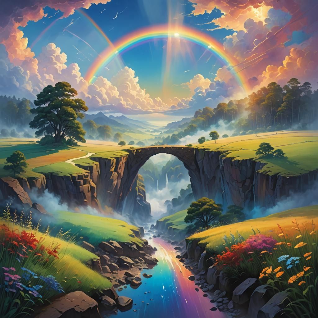 Rainbow Bridge Between Worlds: Vibrant Digital Oil Painting