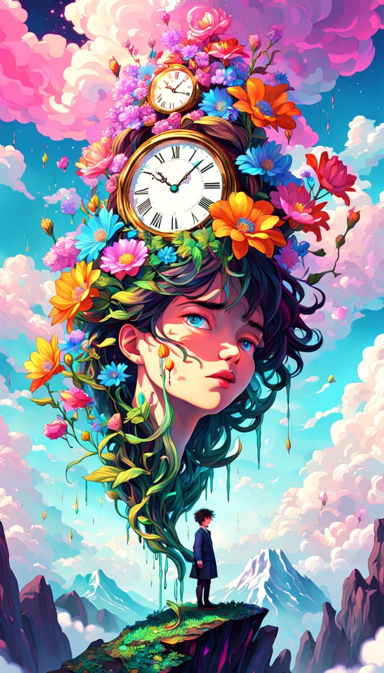 Surreal Clock-Faced Person in Dreamlike Landscape