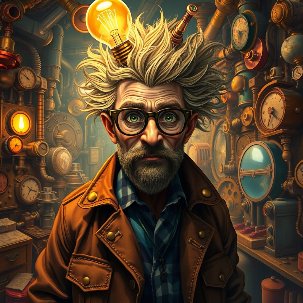 Mad Inventor in a Vibrant, Steampunk Workshop