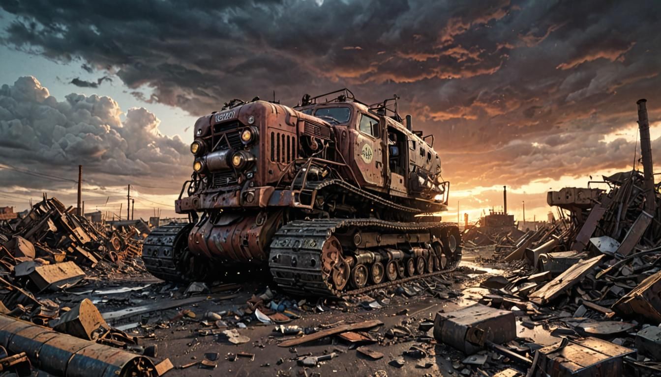 Dieselpunk Caterpillar War Machine in Wasteland Sunset